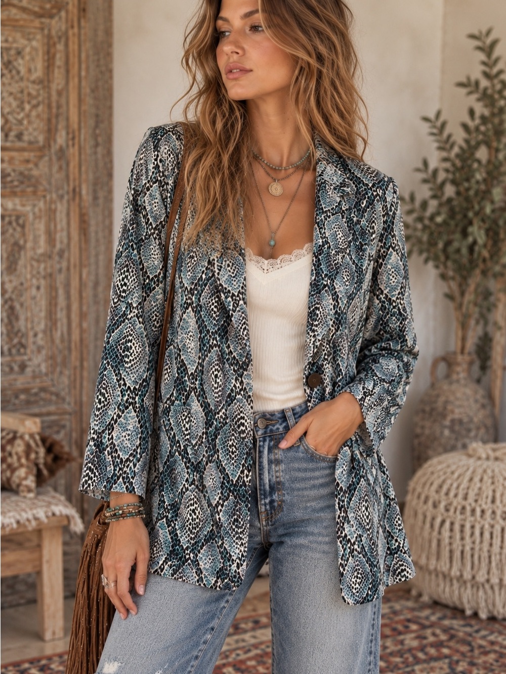 🐍 Band of Gypsies Teal Snakeskin Print Blazer Jacket M